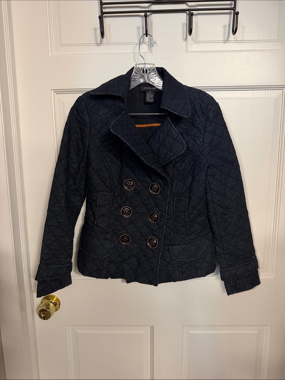 Focus 2000 Quilted Double-Breasted Peacoat Jacket - Dark Blue denim like